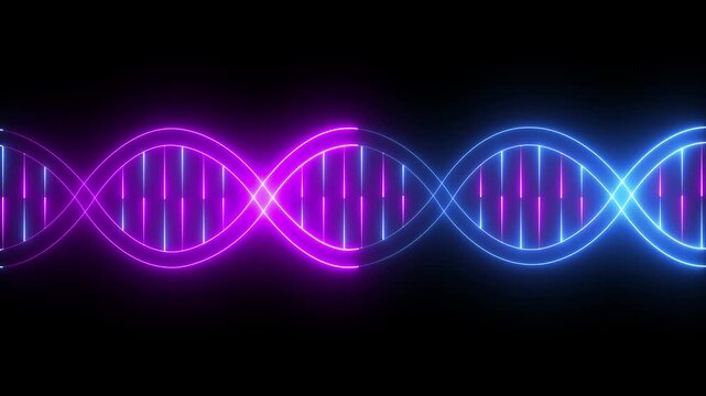 Glowing neon DNA icon animation on black background. DNA icon animation in trendy design for medical. DNA spiral icon and structure, hereditary gene, genetic mutation, healthy genome, genetic concept.