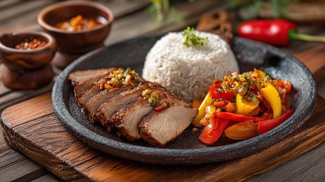 Succulent cuts of grilled meat, crowned with fresh relish, alongside a mound of pristine rice and vibrant sauteed peppers. It's a savory culinary journey!