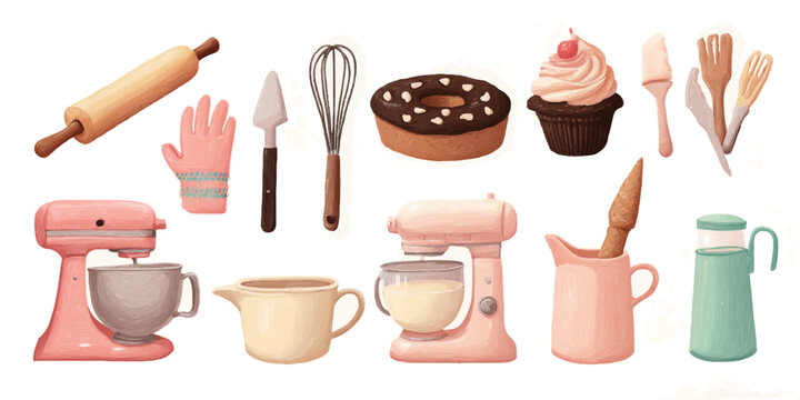 Collection of baking tools and ingredients for making delicious desserts and pastries