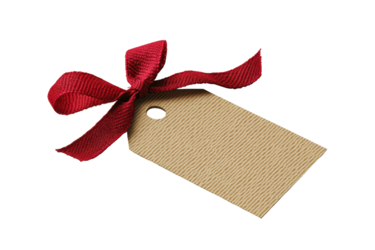 Tan burlap tag with a red ribbon bow isolated on white background in high quality transparency for microstock