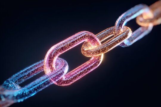 Realistic blockchain vector icon depicted as a glowing chain link with vibrant colors showcasing digital technology and connectivity in a dark background