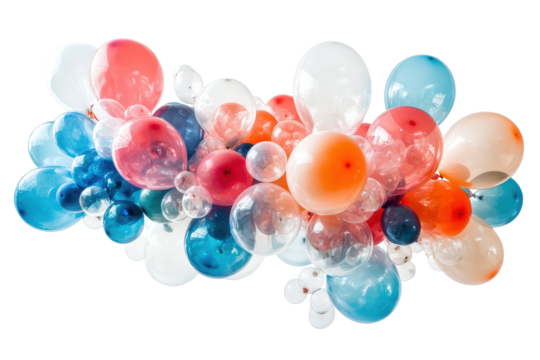 Colorful balloon arch arrangement with transparent and solid balloons in red, white, blue, and orange colors for event design on transparent background