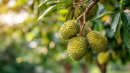 Fresh durian fruits hanging on tree branch