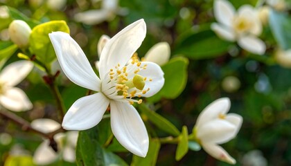 Fototapeta premium Close-up showcases delicate white blossoms with bright yellow pistils, surrounded by lush, blurred green foliage
