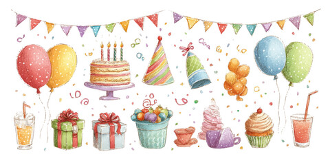 Festive watercolor collection of birthday party elements including cake balloons gifts and hats