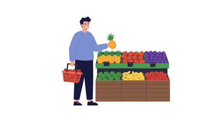 Man with pineapple and basket at produce stand