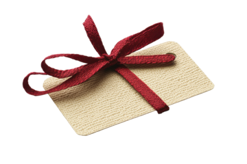 Tan burlap tag with a red ribbon bow isolated on white background in high quality transparency for microstock