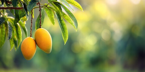 Ripe mangoes hanging on tree branch
