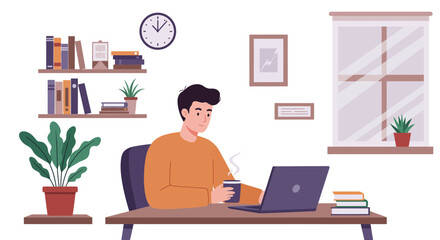 Man Working on Laptop at Desk with Coffee