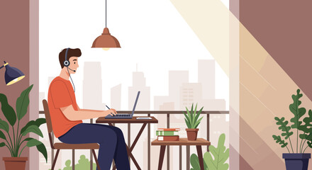 Man Working on Laptop at Balcony Table with City View