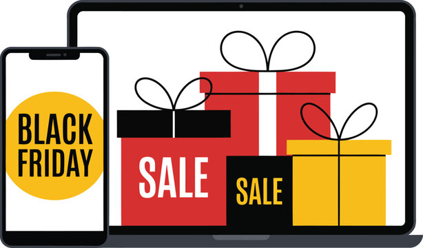 Black friday sale with gift boxes and digital devices illustration
