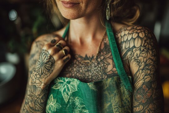 Eco conscious mindset reflected in a tattooed woman wearing a floral apron in a cozy kitchen setting during the afternoon