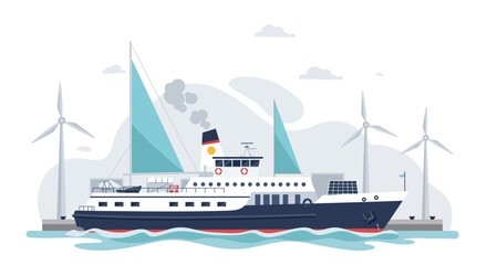 Ferry with Wind Turbines Illustration