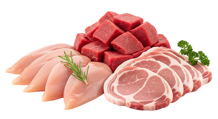 Assortment of raw meats chicken pork beef isolated on transparent background