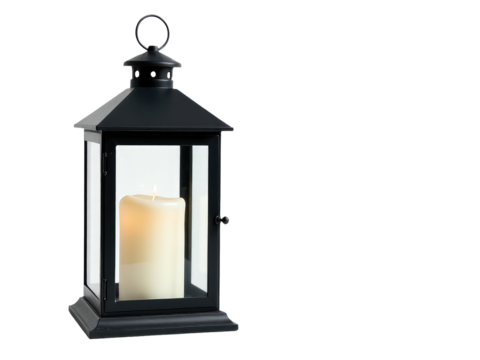 A black lantern with a lit candle inside, perfect for adding ambiance or highlighting a specific area