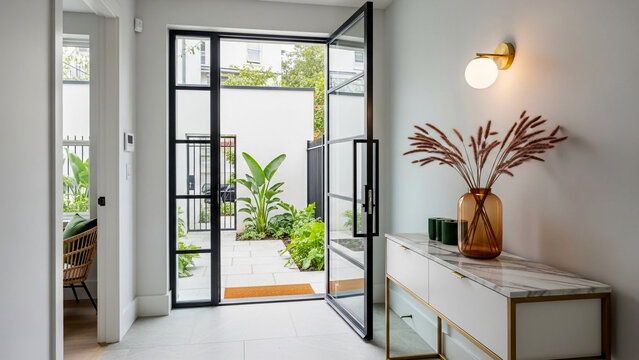 Modern entryway with open glass door reveals stunning courtyard garden view bringing nature inside home - Powered by Adobe