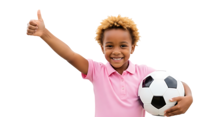 Happy young boy with soccer ball giving thumbs up isolated on transparent background