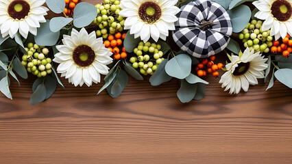 Autumn floral arrangement with sunflowers, eucalyptus, and pumpkins on wooden background
