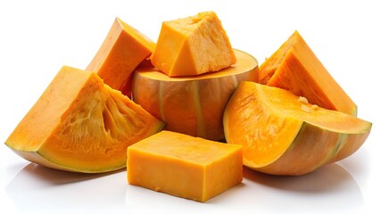 Butternut squash pieces stacked on white background ready for cooking and baking recipes