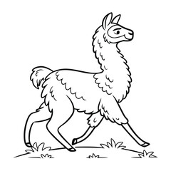 Naklejka premium Cartoon outline of a walking alpaca, black and white line art illustration for kids. Vector