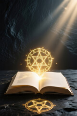 open book with light emitting from it.