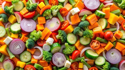 Colorful chopped vegetables background with broccoli carrots tomatoes red onion and cucumbers for healthy eating