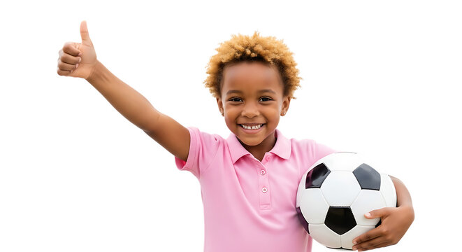 Happy young boy with soccer ball giving thumbs up isolated on transparent background