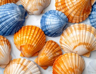 Close-up showcasing a mix of blue and orange sea shells, artistically arranged on a white surface