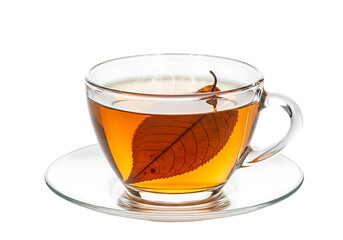 A cup of tea with a leaf inside isolated on transparent background