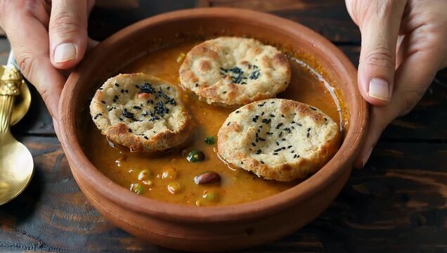 Cinematic 4K top view footage of a traditional Rajasthani dish bati or baffle served with rich dal in a rustic clay plate showcasing authentic Indian cuisine and cultural culinary heritage