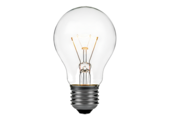 Clear light bulb isolated on transparent background emitting a soft, warm glow