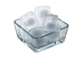 Square glass bowl filled with translucent ice cubes isolated on transparent background