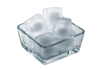 Square glass bowl filled with translucent ice cubes isolated on transparent background