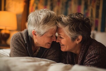 Tender moment between loving senior lesbian couple enjoying a cozy evening at home, sharing smiles and warmth in their bedroom setting