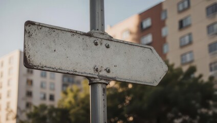 Close-up of a blank, aged street sign pointing right, with blurred buildings in background