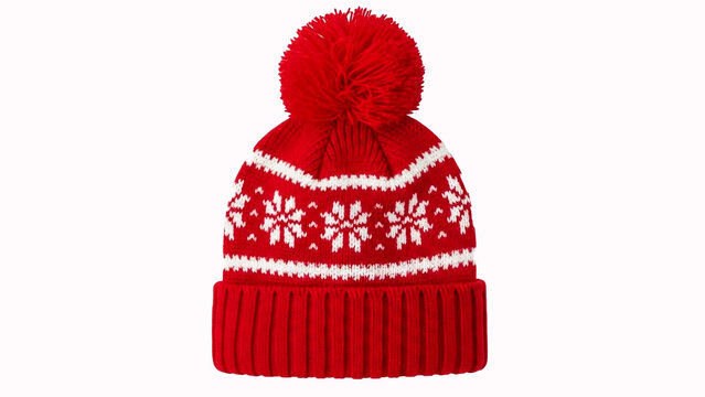 Festive red winter hat with snowflakes and pompom to keep you warm this holiday season!