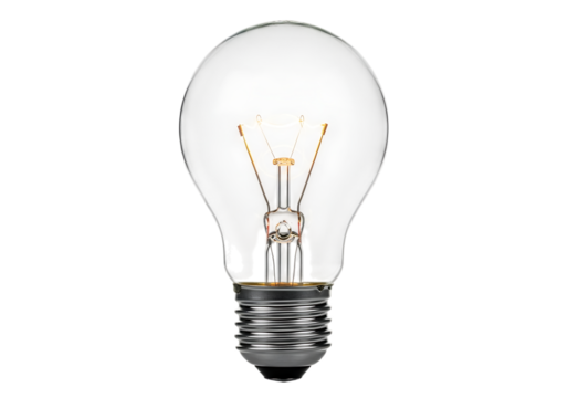 Clear light bulb isolated on transparent background emitting a soft, warm glow