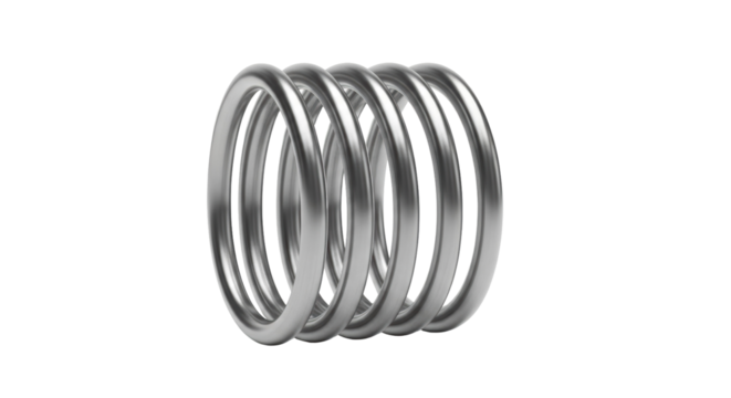 Metal spring coil isolated PNG, shiny silver helix for industrial design and mechanical engineering applications on transparent background