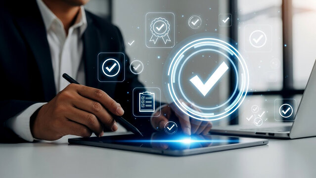 Confident businessman using tablet for quality control checklist with modern digital verification icons