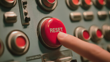 Hand pressing the large red button that says RESET on the control panel against a metallic studio background, concept of reset and change