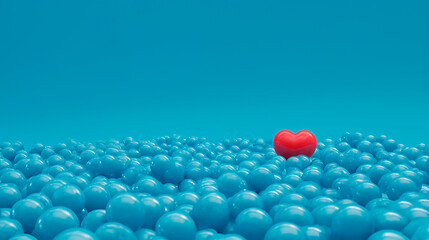 Sea of blue plastic balls with red heart-shaped ball floating against blue background, concept of uniqueness and love