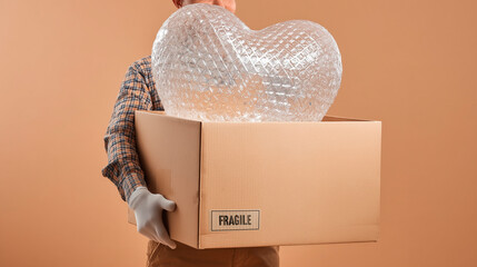 Man transporting a box marked FRAGILE with a bubble wrap heart; concept of care, protection and fragile deliveries online