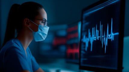 Nurse looking at hospital monitor with a heartbeat line graph, concept of love and healthcare