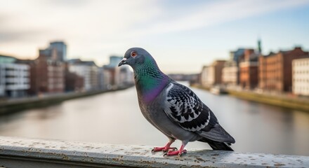 Urban pigeon perched on bridge railing with cityscape background