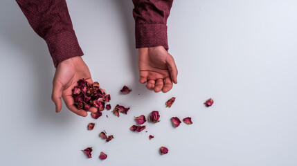 Sad person with dried rose petals falling from their hands, concept of loss and fragility