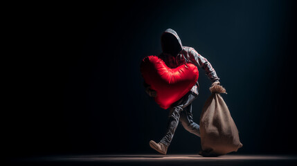 A thief tiptoes away carrying a large, bright red heart and a sack. Concept of stolen love