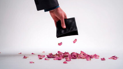 Sad person holding an empty wallet with dried rose petals falling, concept of financial loss and fragility