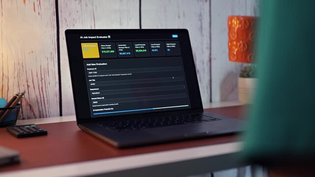 Middle Aged Human Resources Worker Runs Through AI Job Impact Analysis to Calculate Role Effectiveness for Layoffs and to Replace Positions Concept