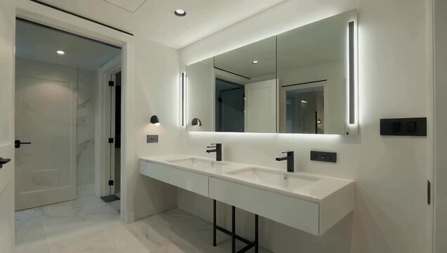 A premium 4K interior scene of a luxury bathroom designed with frameless LED lit mirrors floating vanities and modern fixtures offering a sleek and elegant architectural aesthetic