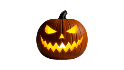 Spooky carved halloween pumpkin with glowing face isolated on transparent background